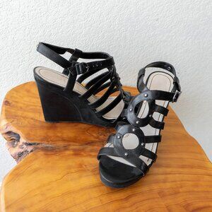 Vintage Nine & Co Wedge Sz 10 Black Silver Strappy Studded Platform Heels Y2K